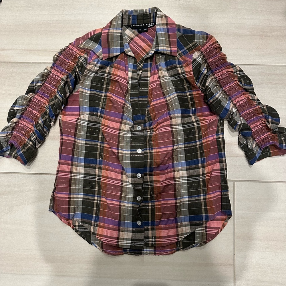 Veronica Beard Plaid Porta Crinkle Shirt, XS